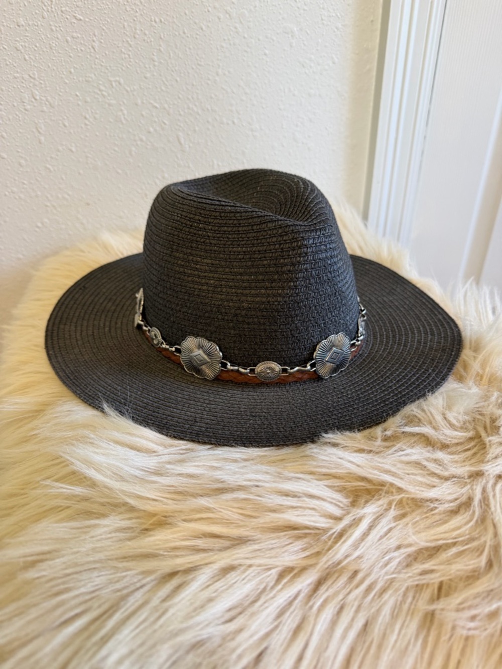 Black Wide Brim Rancher Hat Western Boho Concho Band Fedora One Size